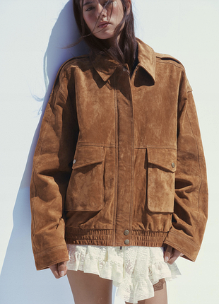Новая коричневая замшевая куртка бомбер zara 100% натуральная кожа m