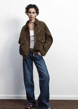 Новый замшевый бомбер zara 100% натуральная кожа хаки m