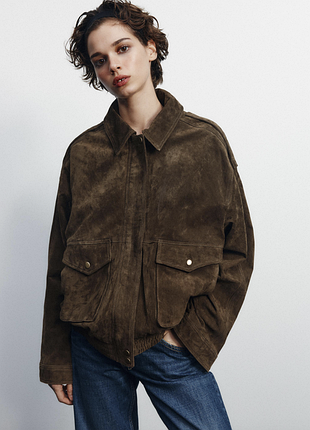 Новый замшевый бомбер zara 100% натуральная кожа хаки m
