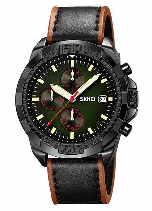 Мужские наручные часы skmei 9347bkgn black-green с хронографом и кожаным ремешком