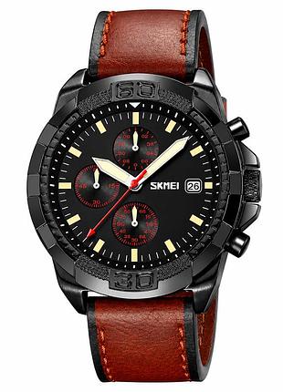 Мужские наручные часы skmei 9347bnbk brown-black с хронографом и кожаным ремешком
