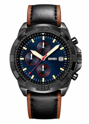 Мужские наручные часы skmei 9347bkbu black-blue с хронографом и кожаным ремешком