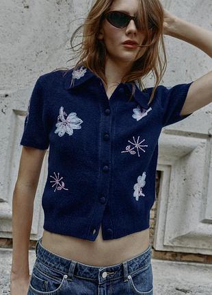 Трикотажний синій жіночий жакет з короткими рукавами та намистини zara new