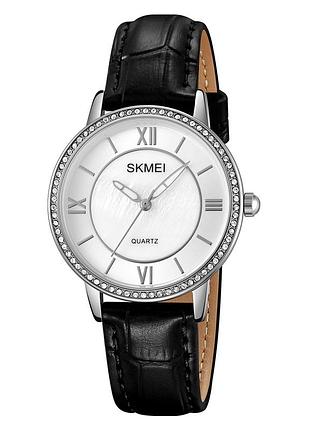 Жіночий годинник skmei 2253sibk silver-black у класичному стилі, сріблястий корпус та шкіряний ремінець
