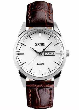 Жіночий класичний годинник skmei 9073siwt-s silver-white зі шкіряним ремінцем та календарем