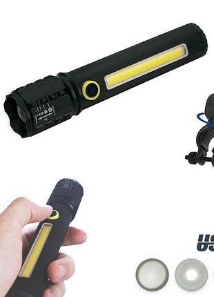 Ліхтарик акумуляторний ручний bl-c72-p50 cob led чорний usb + кріплення для ліхтарика на велосипед