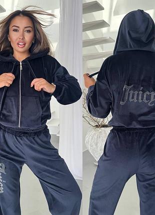 Темно-синій велюровий костюм спортивний juicy двійка з капюшоном оверсайз 3034