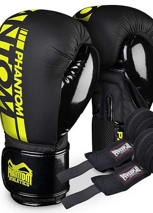 Боксерские перчатки phantom apex elastic neon black/yellow 16 унций (бинты 4м. в подарок)
