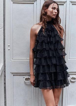 Коротка сукня чорна з воланами та мереживом zara new