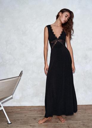 Длинное комбинированное черное платье на бретелях zara new