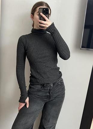 🩶 базовий сірий гольф у рубчик zara | стильний водолазка в ретро-стилі з розкльошеними рукавами