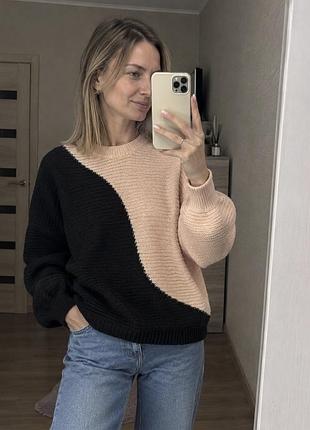 В’язаний светр оверсайз, чорно-бежевий
