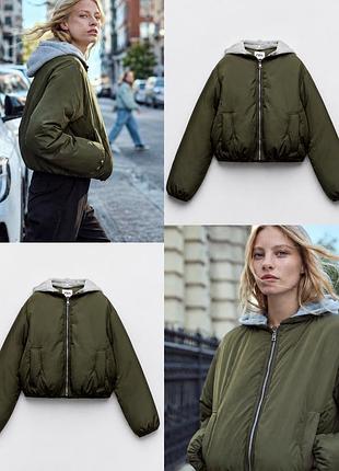 Нова куртка-бомбер zara з трикотажним капюшоном в кольорі хакі