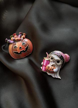 Набір брошок «halloween”  гарбуз із цукерками стильний привид