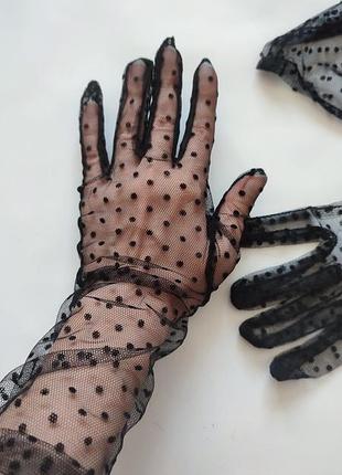57 см рукавички довгі за лікоть високі чорні прозора сіточка в горошок перчатки жіночі для фотосесії вінтаж рукавиці сітка прозрачна 101 далматинець