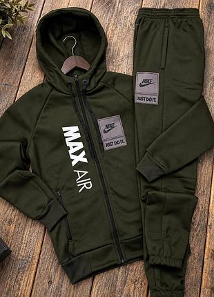 Мужской спортивный костюм nike air max на флисе осенний зимний теплый хаки | зип худи и штаны найм флис осень s m l xl xxl