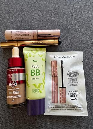 Набір декоративної косметики: тональний крем bourjois, bb holika holika petit bb aqua, туш для вій, yes saint laurent touche eclat peach