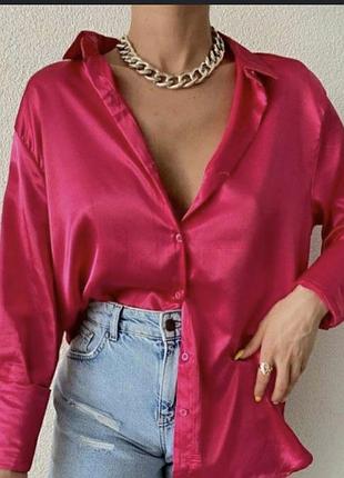 Шелковый шелк атласная атлас сатиновая блузка блуза рубашка рубашка zara розовая фуксия барби синяя, стильная свободная оверсайз