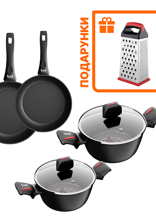 Каструля з кришкою smart fry 2,3л, 6,6л та сковорода універсальна 26,28 см berlin + подарунки: тертка 4-стороння