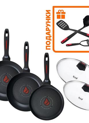 Набір зі сковорідок smart fry 26 см, 28 см та сковорідка для млинців 24 см + подарунки: ополоник, лопатка та картоплемялка