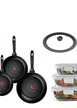 Набір сковорідок smart fry (24, 26, 28 см), скляних контейнерів та універсальної кришки + подарунки: набір кухонних дошок та