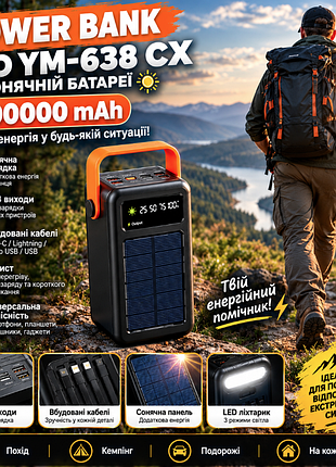 Багатофункціональний павербанк на 100000mah із сонячною панеллю та вбудованими кабелями вже заряджений на 100%