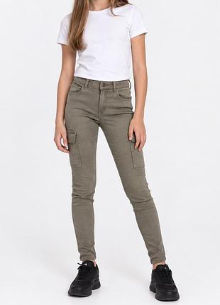 Стильні джинси карго дівчинці хакі h&m 13-14 років 158-164 джинси skinny скіні висока посадка бежеві з краманами пояс на гумці cargo мілітарі