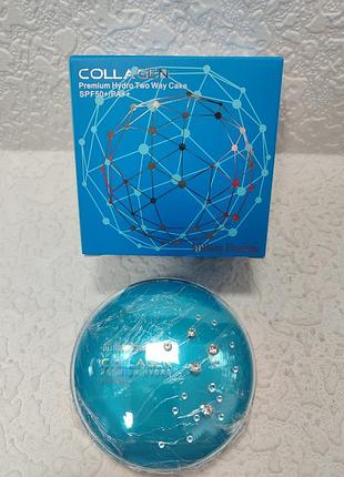 Зволожуюча компактна пудра з колагеном enough collagen premium hydro two way cake у синій картонній упаковці. тон 13