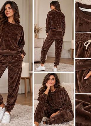 Велюровий костюм dkny l шоколадний коричневий світшот + джогери з логотипами