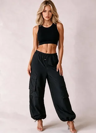 Штани карго баггі чорні легкі 💣 регульована талія та затяжки ⚡ shein 🖤 парашути з кишенями оверсайз y2k