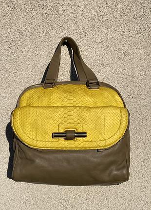 Сумка jimmy choo justine khaki leather yellow anaconda exotic satchel shoulder bag