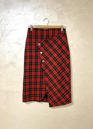 Спідниця олівець у червону клітинку тартан від бренду maje /janty asymmetric tartan twill wrap skirt