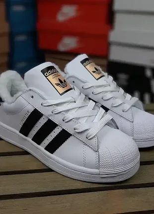 Женские кроссовки на меху adidas superstar белые с черным кроссовки адидас суперстар