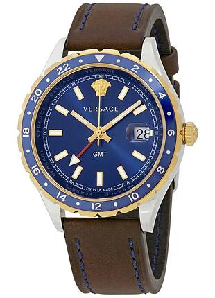 Часы мужской с синим циферблатом и коричневым кожаным ремешком versace hellenyium gmt blue dial men's watch v11080017 оригинал