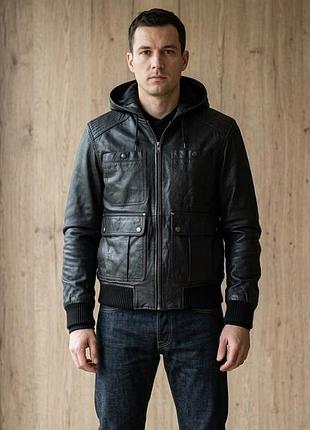 Topman р. s мужская кожаная куртка черная с капюшоном, мужественный бомбер мужская кожаная черная осенняя кожанка