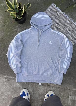 Вінтажний базовий світло сірий худі adidas performance з білими смужками й маленьким вишитим логотипом