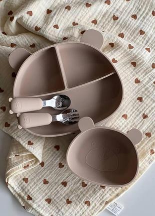 Набор силиконовой посуды для детей мишка бежевый