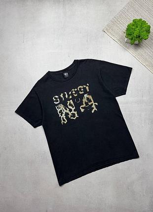 Вінтажна футболка чорна stussy big logo leopard vintage
