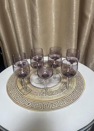 Вінтажний набір келихів із димчастого скла, 9шт.  вишуканий вінтажний набір келихів ніжного димчасто-бузкового відтінку