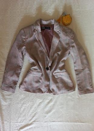 Стильный брендовый пиджак в клетку zara / жакет с льном и вискозой (размер m / 40)