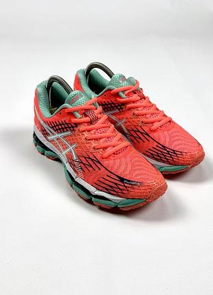 Бігові кросівки asics gel-nimbus 17 яскравого коралово-рожевого кольору з бірюзовою підкладкою та білим логотипом 39р 24.5см