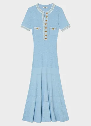 Довге трикотажне плаття в підлогу sandro sky blue блакитне трикотаж денім ґудзики
