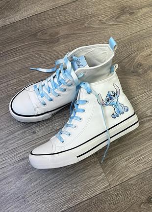 Високі білі кеди хайтопи з екошкіри, не промокають disney stitch (стіч), р.36, устілка 22.5см, стопа 21-22см.