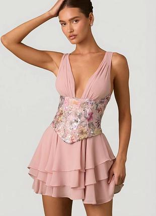 Коротка жіноча сукня oh polly sakura шифон з корсетом рожева xs