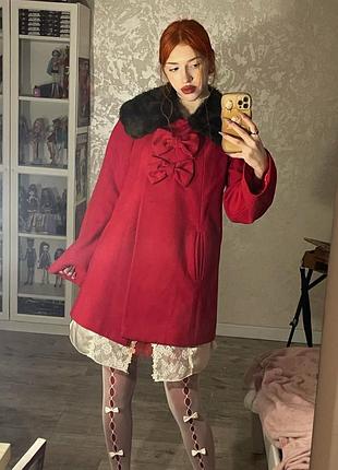 Червоне пальто з хутряним коміром та бантами (s-m) / винтажное пальто coquette / lolita