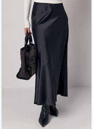 Черная атласная юбка макси river island/ шелковая юбка батал плюс сайз 2297 (56)