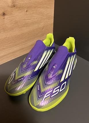 Бутси для хлопчиків adidas f50 без шнурків фіолетово-салатові