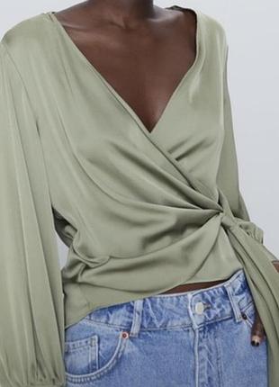 Жіноча блуза zara атласна оливкова