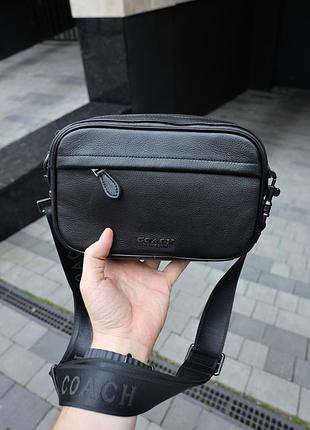 Мужская кожаная сумка coach academy crossbody in pebble leather total black