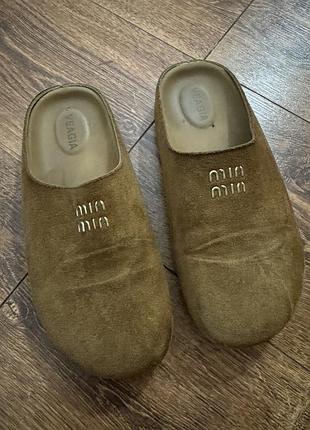Мюлі жіночі miu miu коричневі замшеві